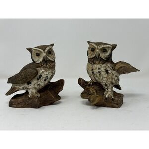 Vintage Ceramic Owl Figurines Perched on Log Set of 2 Brown Cream